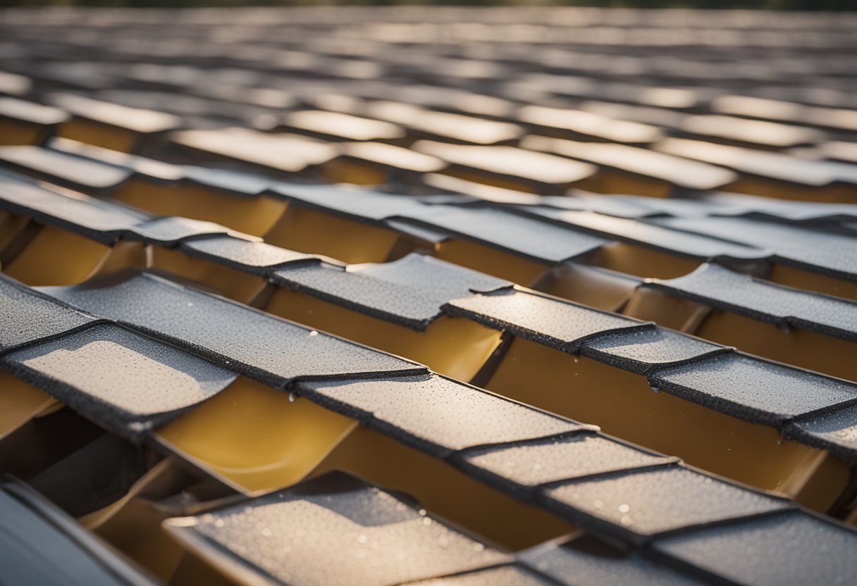 A roof being sealed with waterproofing materials, showing layers of sealants and membranes being applied to create a leak-proof surface