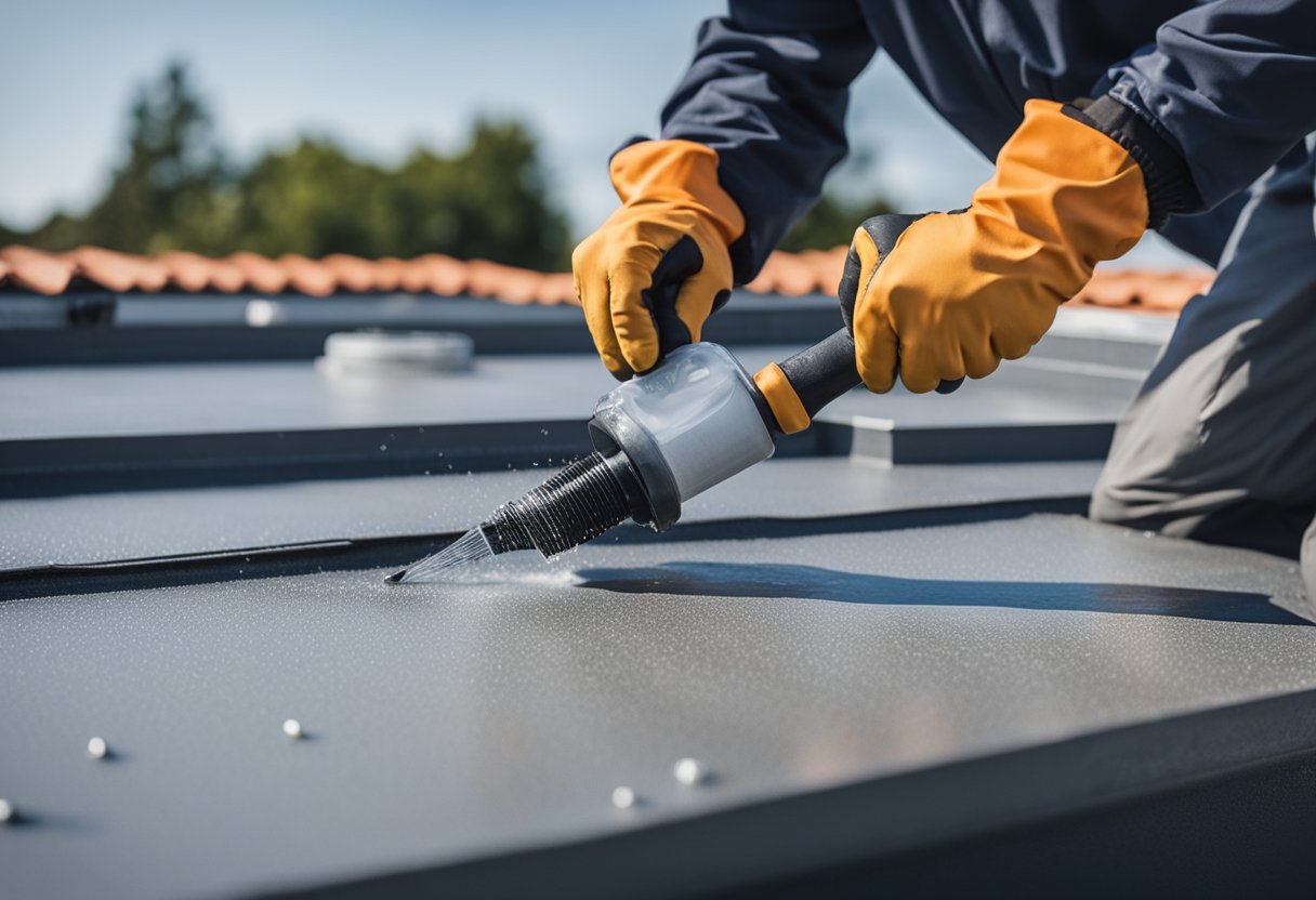 A roofer applies sealant to a flat roof, creating a waterproof barrier. Different types of sealants are labeled nearby