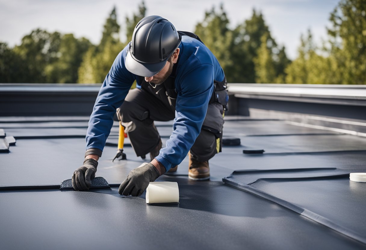 A roofer applies sealant to a flat roof, ensuring complete coverage. Waterproofing membrane is then carefully installed, creating a leak-proof surface