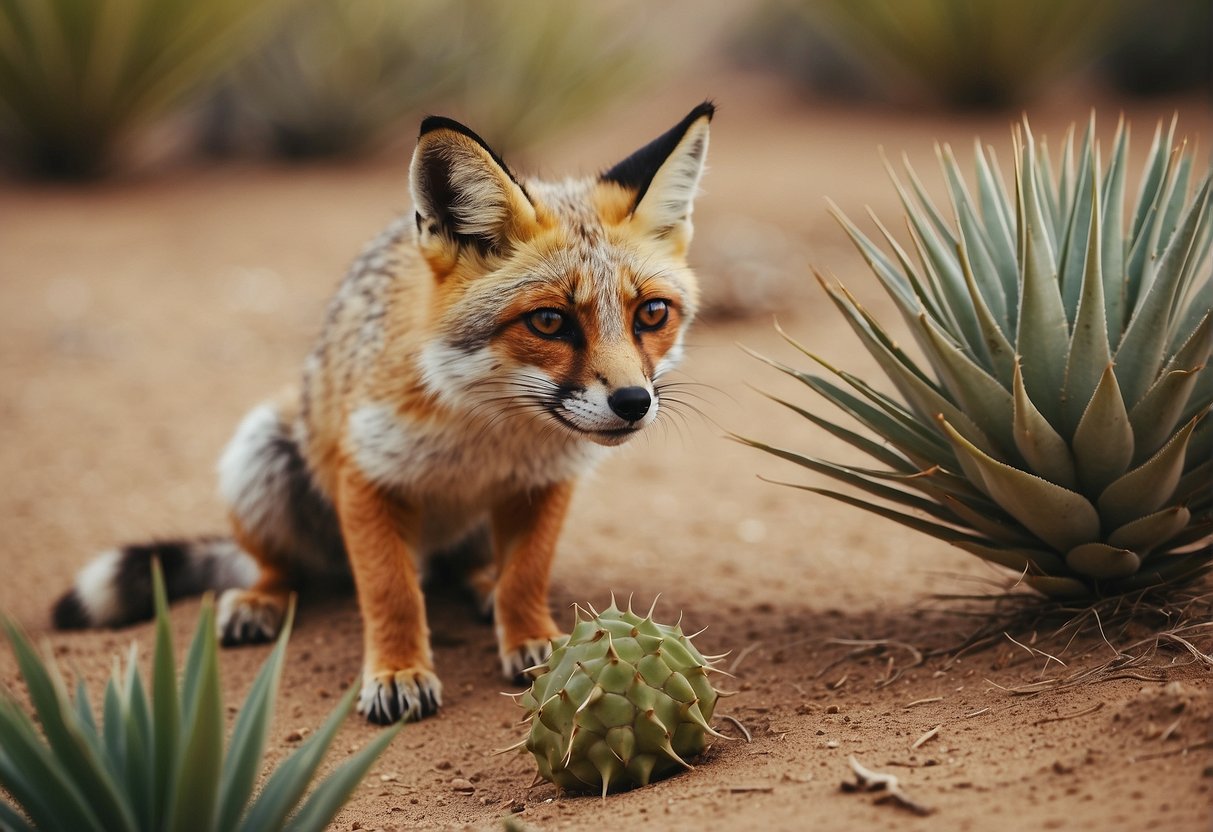 A desert fox snatches a yucca plant, while a desert tortoise nibbles on its fallen leaves