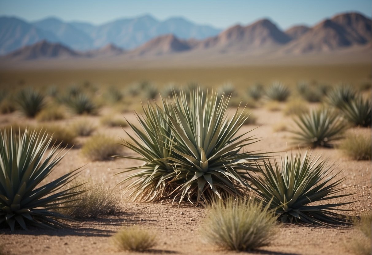 Animals grazing on yucca plants in a desert landscape