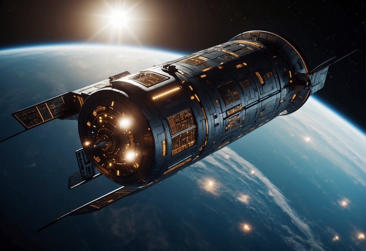 A spacecraft hovers in space, its sleek design integrating AI for efficient operation. Autonomous systems optimize performance in a futuristic reimagining of space exploration