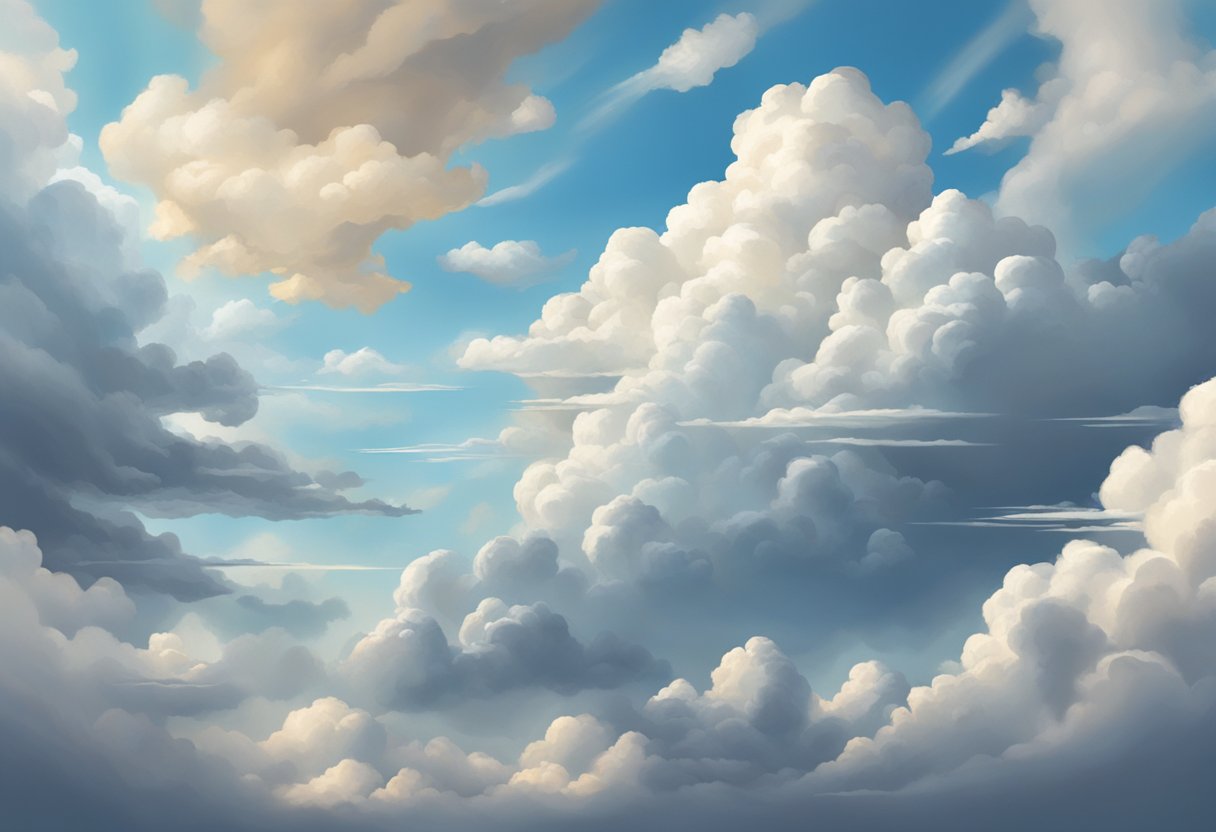 A variety of cloud types fill the sky, including cumulus, stratus, and cirrus, each with distinct shapes and textures