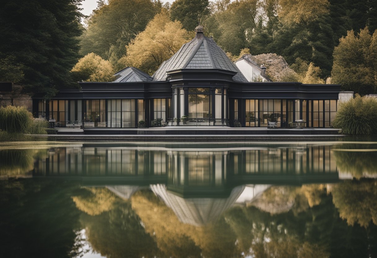 A collection of classic roofing styles reflected in a still pond, capturing the essence of timeless architectural designs