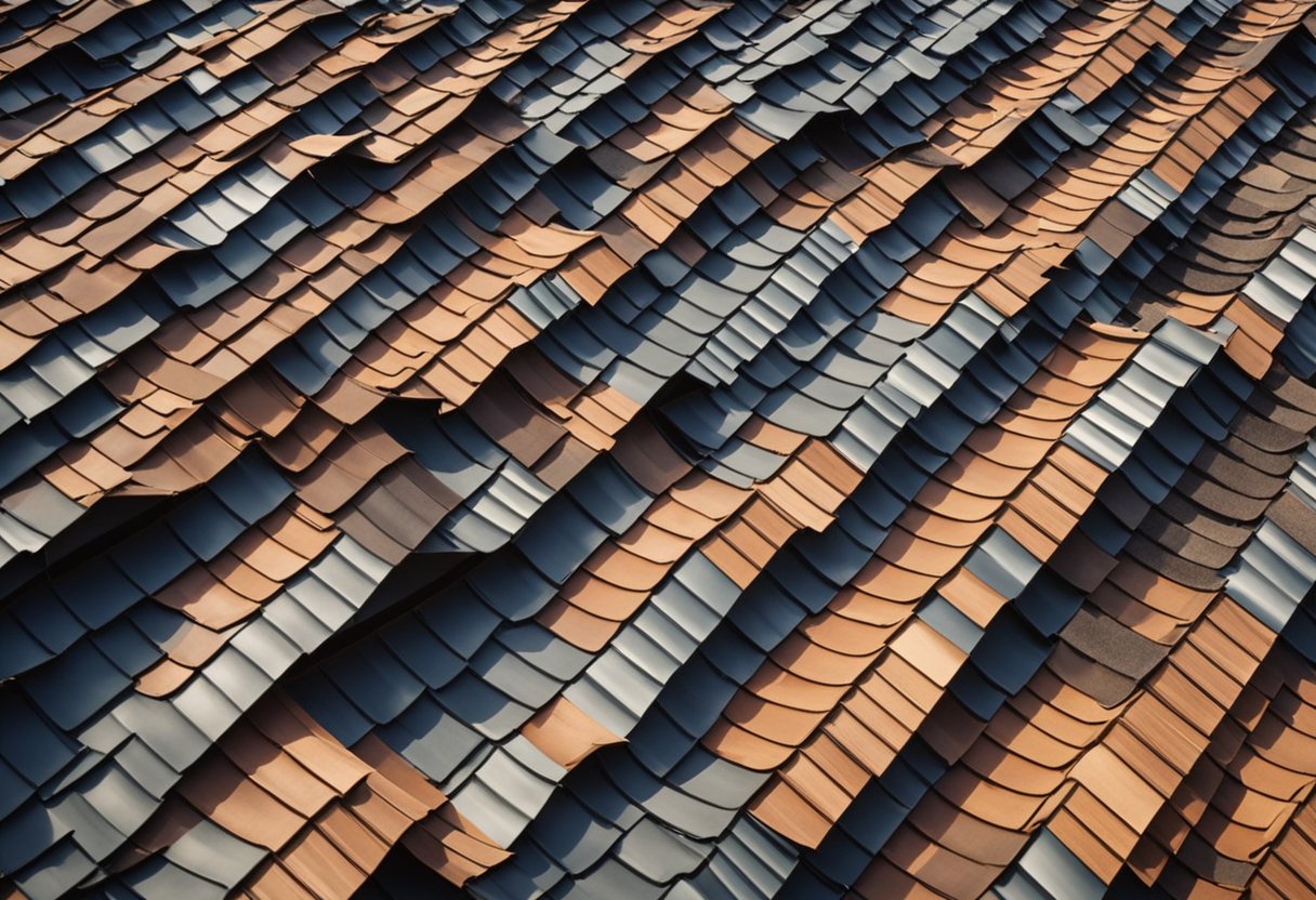 A series of roofing styles from different time periods, ranging from traditional thatched roofs to modern metal roofing, are displayed in a chronological order