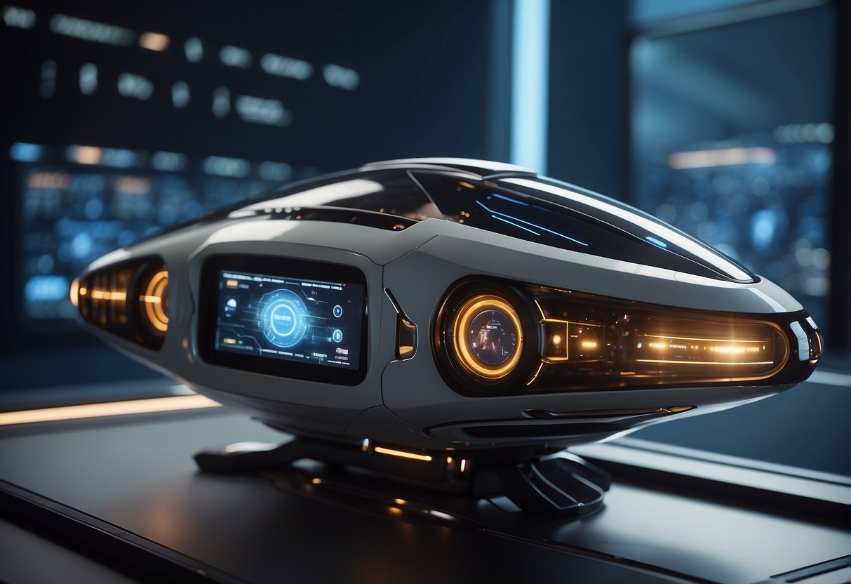 A futuristic spacecraft hovers above a sleek, AI-integrated control panel, surrounded by advanced technology and holographic displays. The design exudes innovation and efficiency