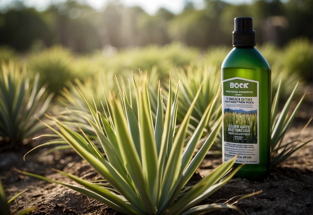 A bottle of herbicide being sprayed on a patch of yucca plants, with wilted and dying plants in the background