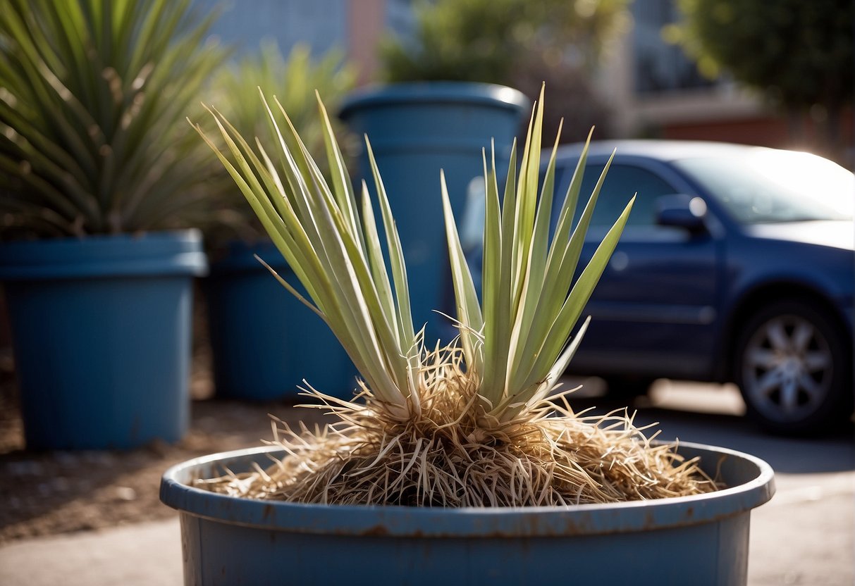 A yucca plant being uprooted and discarded in a trash bin