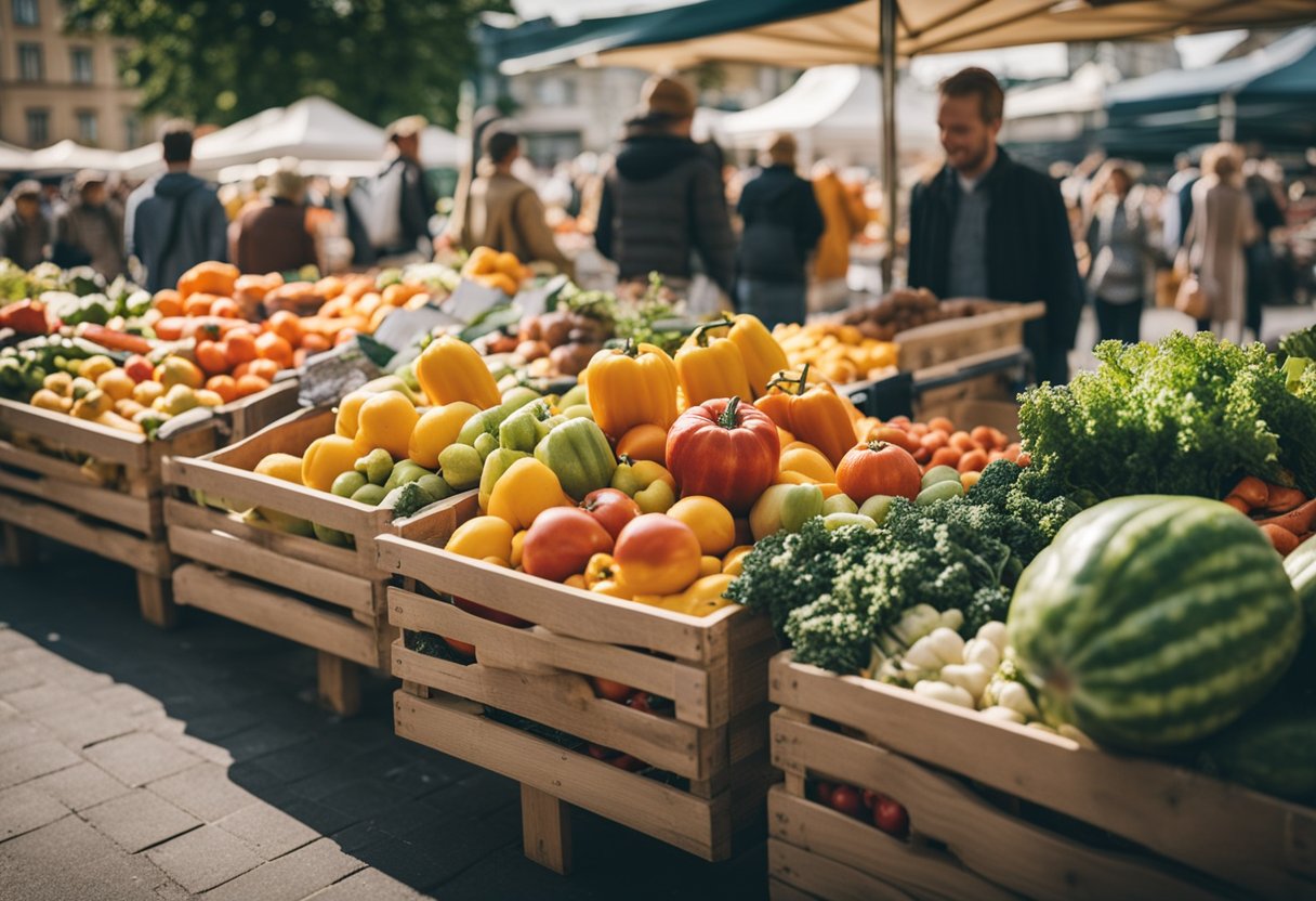 Bustling farmers market in Berlin, Germany with colorful stalls, fresh produce, and lively atmosphere