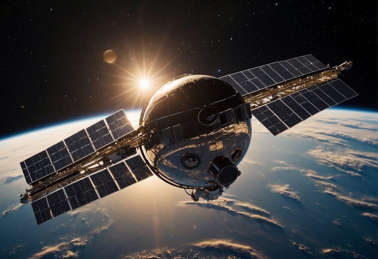 A spacecraft floats in the vastness of space, its sleek and metallic exterior reflecting the distant stars. Solar panels extend from its sides, capturing energy from the sun. Antennas and communication dishes dot the surface, transmitting signals back to Earth