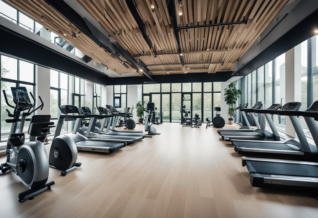 A spacious gym in Berlin, Germany, with modern equipment and large windows letting in natural light