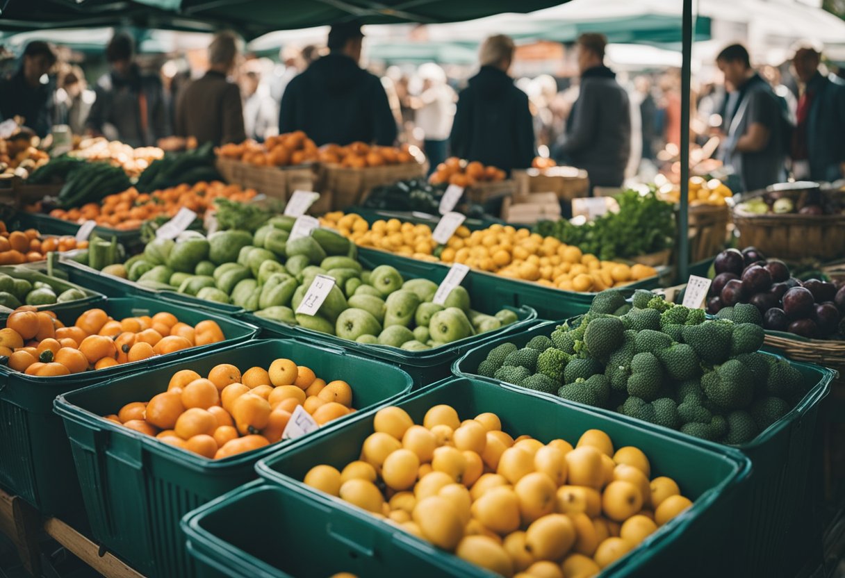 A bustling Berlin farmers market with colorful stalls, fresh produce, and lively atmosphere