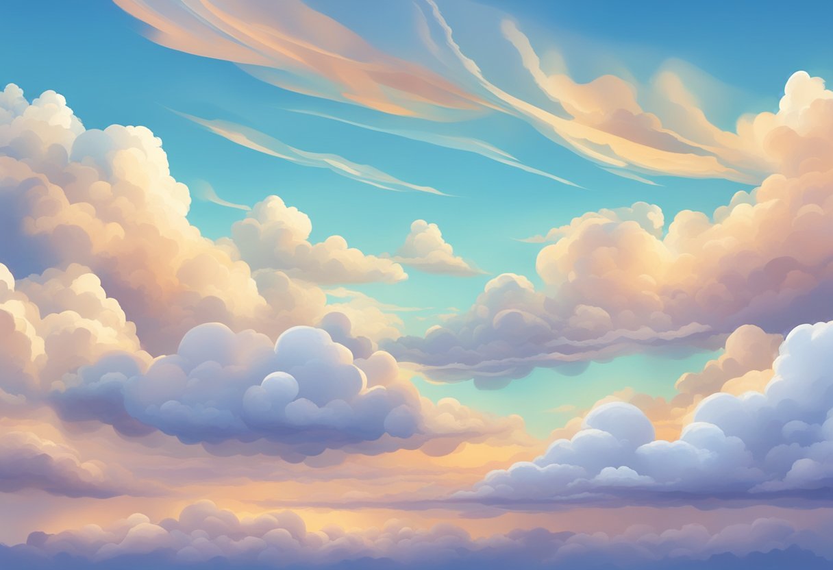 The sky is filled with various types of clouds, ranging from fluffy cumulus clouds to wispy cirrus clouds, creating a beautiful and dynamic scene