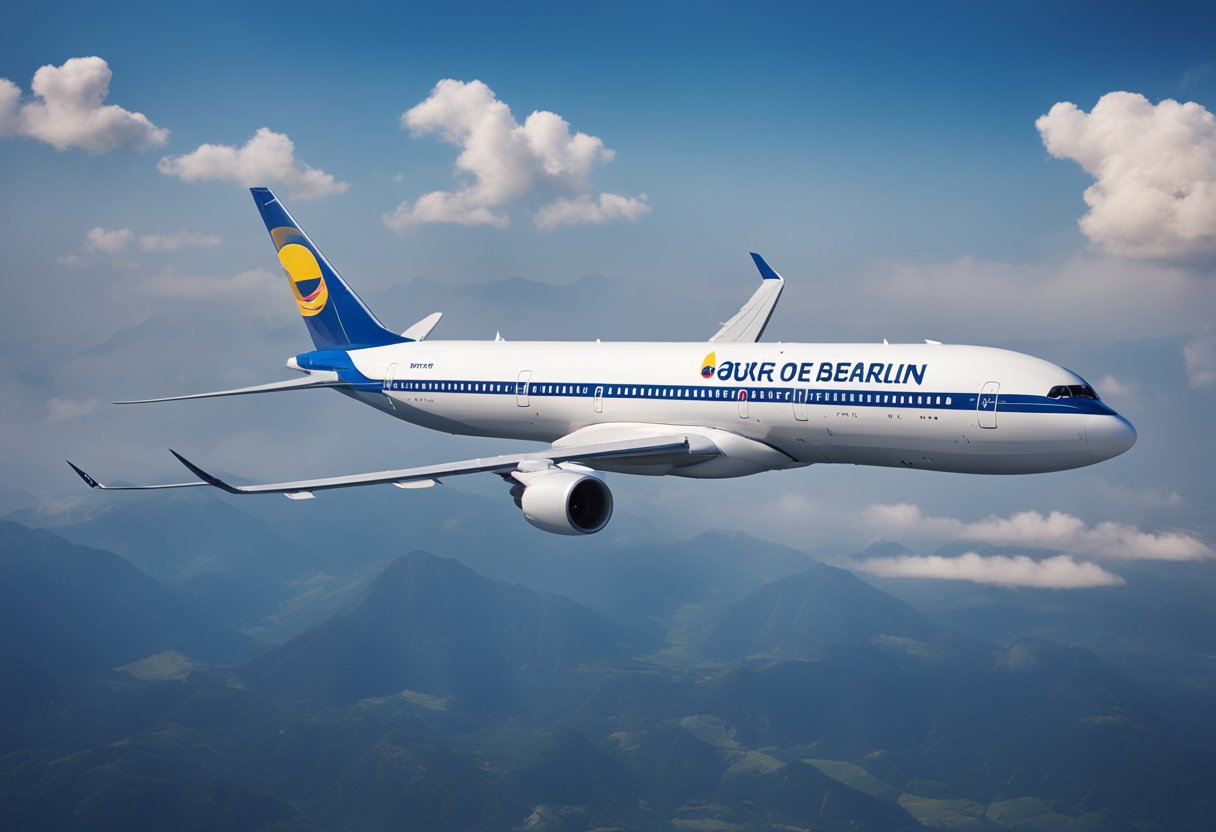 A plane flying from the US to Berlin, Germany with airline logos visible on the aircraft's exterior