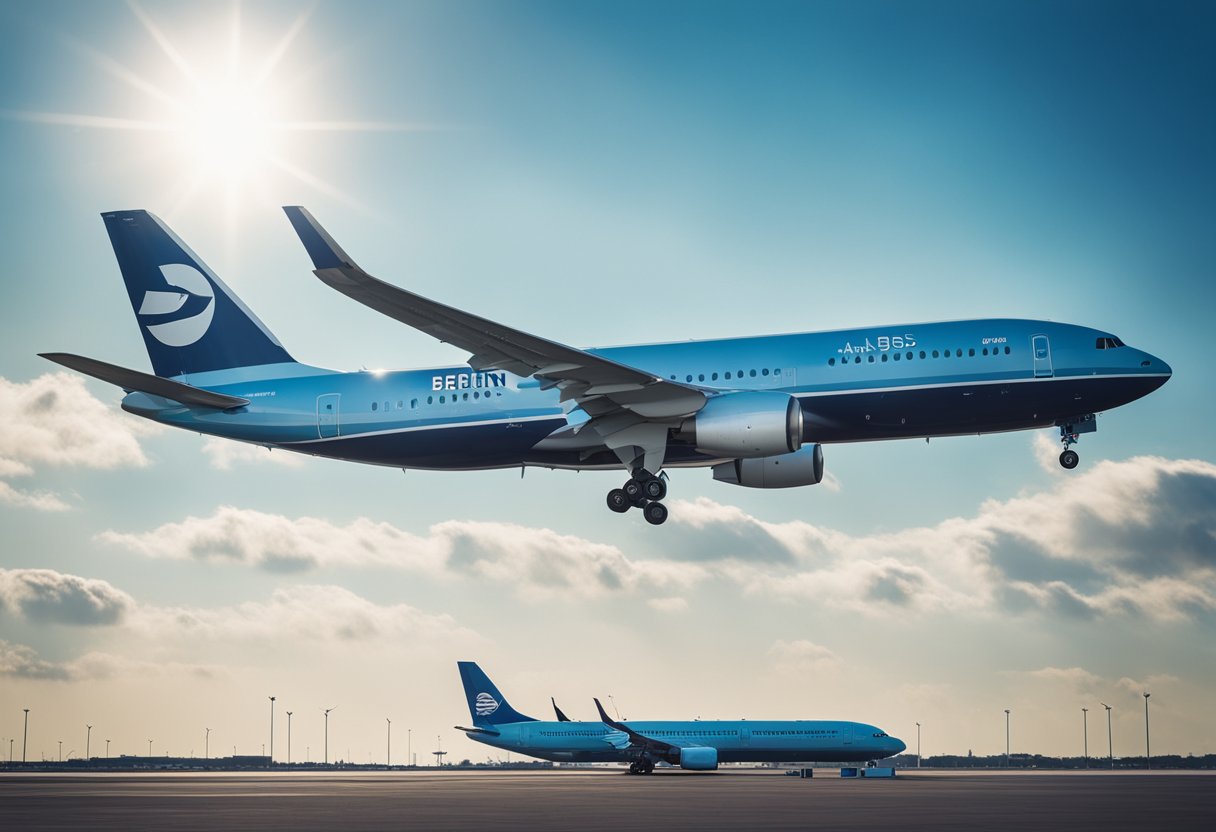 Several airplanes flying from the US to Berlin, Germany. Airport signage with airline logos. Blue sky and clouds in the background