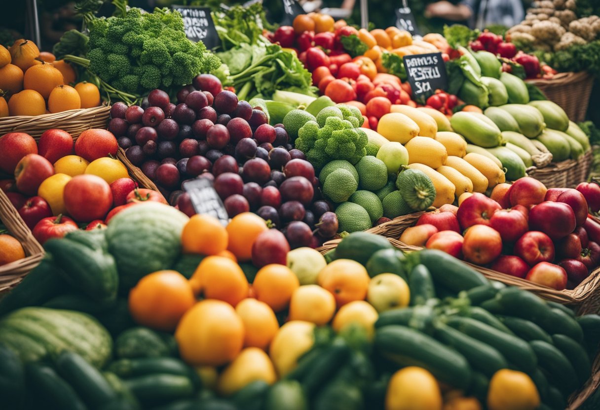 Fresh fruits, vegetables, and specialty items displayed at a bustling farmers market in Berlin, Germany. Vibrant colors and diverse produce create a lively and inviting atmosphere