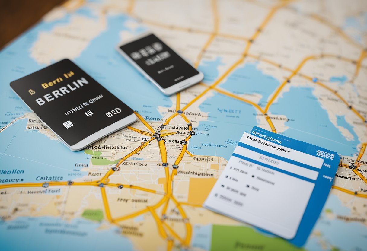 Flight tickets to Berlin, Germany are laid out on a table, with a map of the city and a travel guide nearby