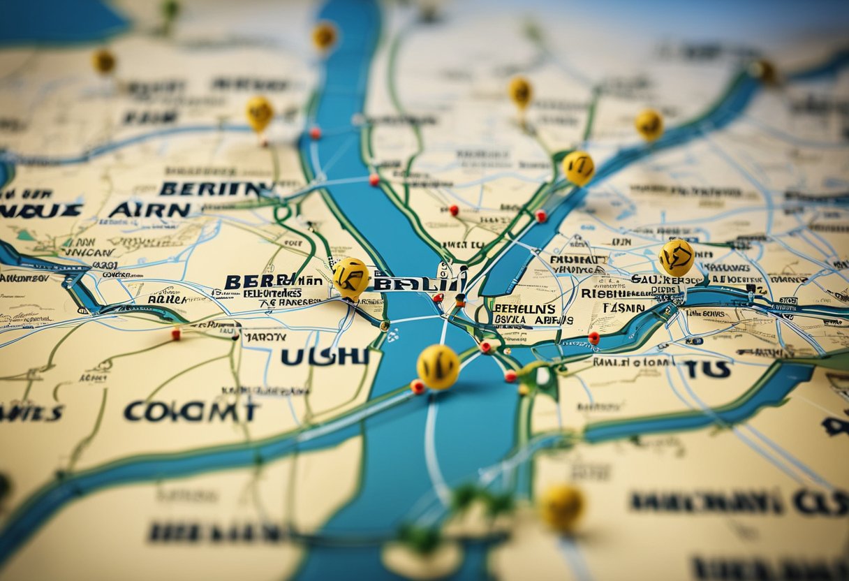 A map showing flight routes from major US cities to Berlin, Germany. Airline logos and flight paths are displayed