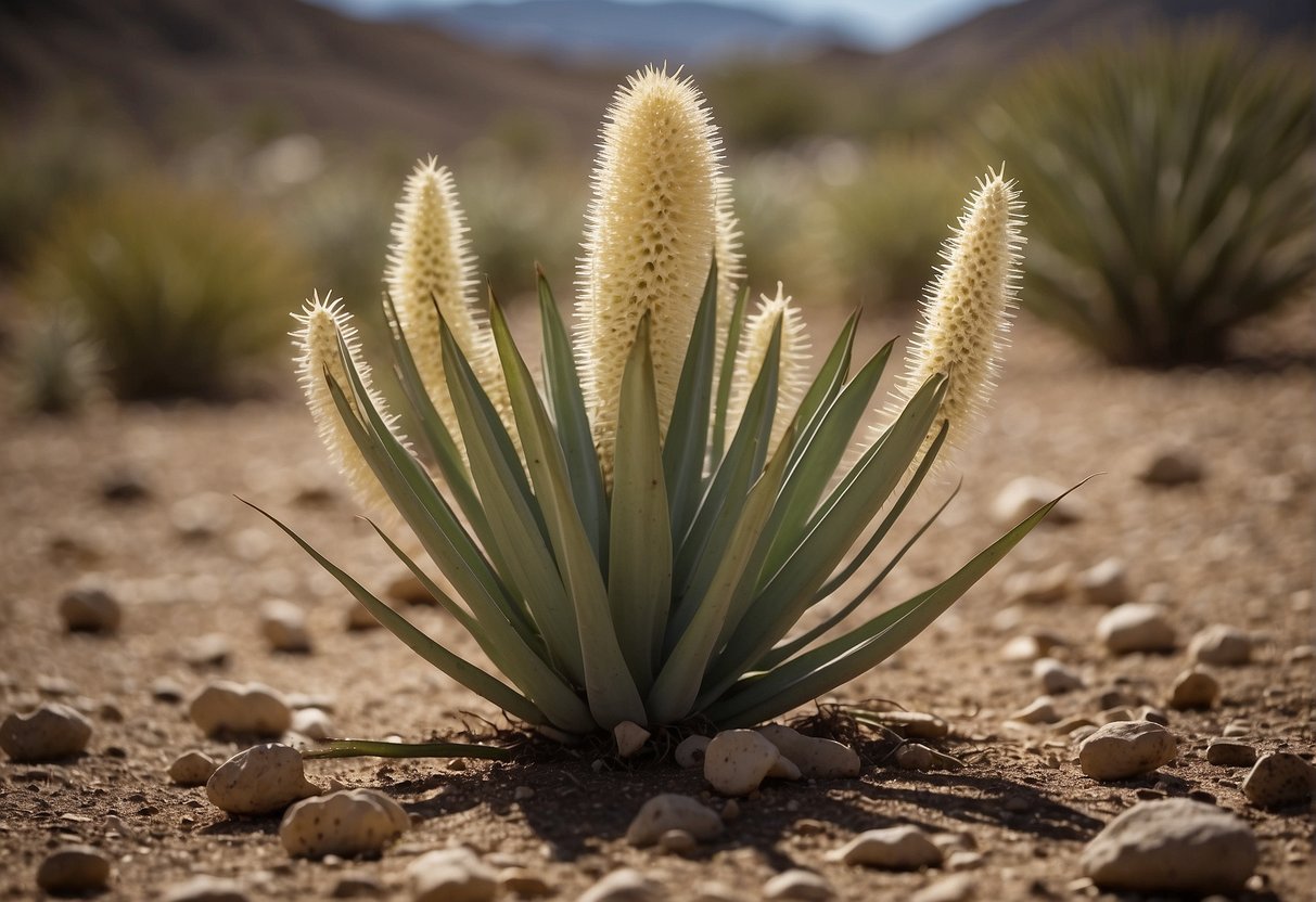 Yucca plants spread through their rhizomes and seeds. Illustrate a desert landscape with yucca plants sending out runners and producing seed pods