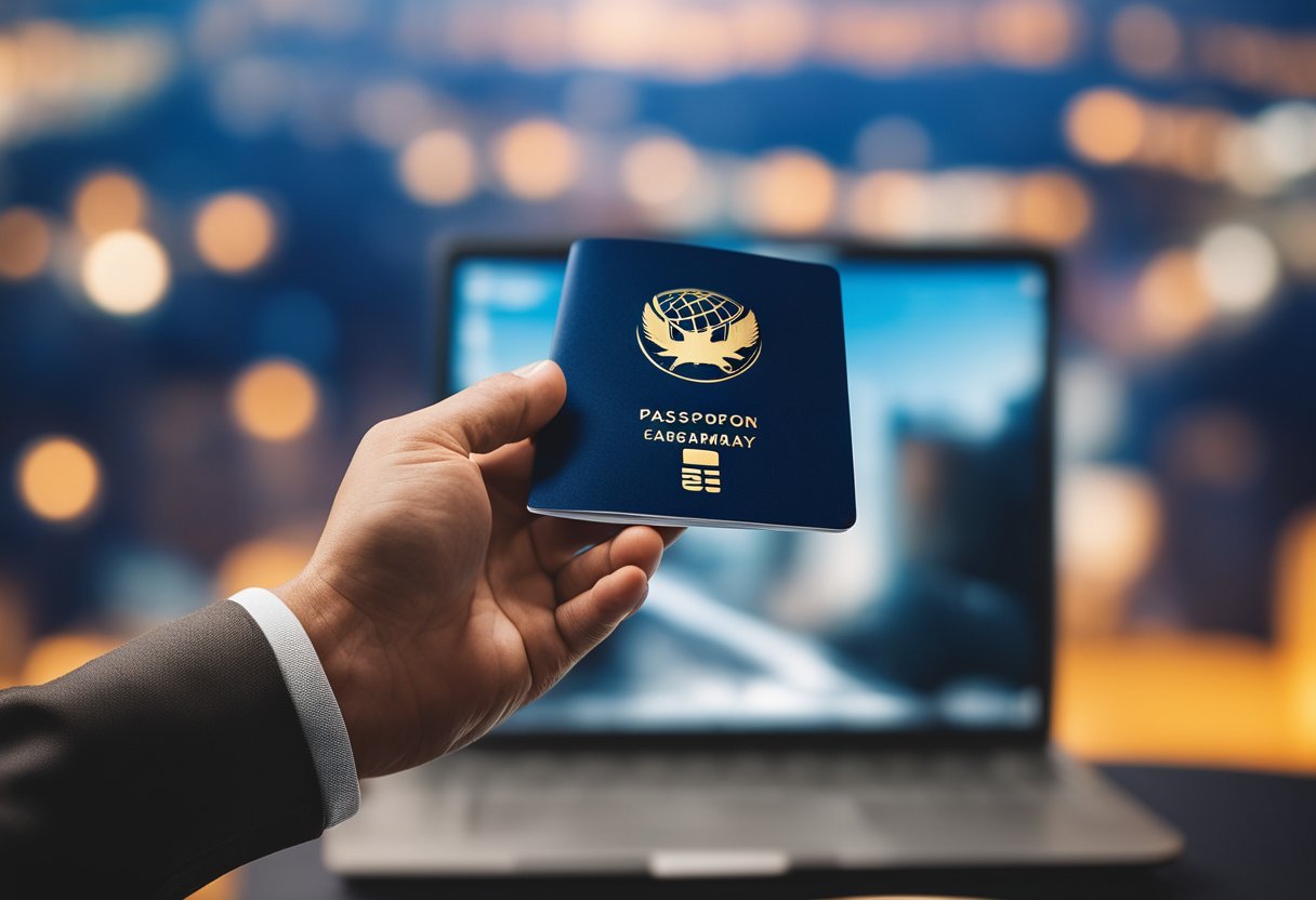 A hand holding a passport and a credit card, while using a laptop to book a flight to Berlin, Germany. An airplane icon and the city skyline are visible on the computer screen