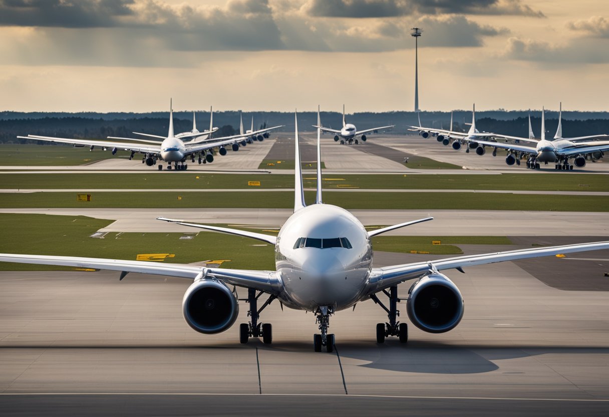 A lineup of commercial airplanes departing from various US cities, heading towards Berlin, Germany