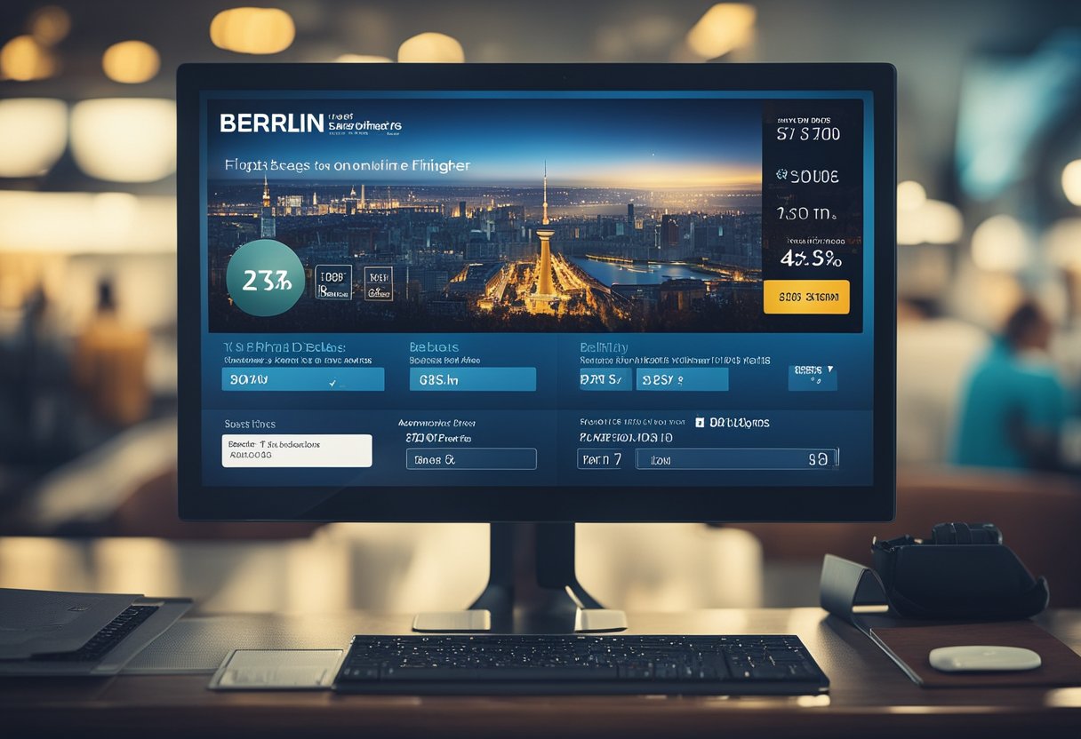 Passengers booking cheap Berlin flights online. Airline tickets displayed on a computer screen with a "Best Deals" banner