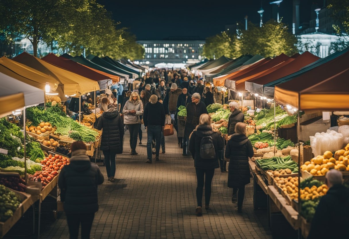 The bustling farmers market in Berlin, Germany, features colorful stalls, fresh produce, and a variety of local products. The scene is filled with activity and vibrant energy