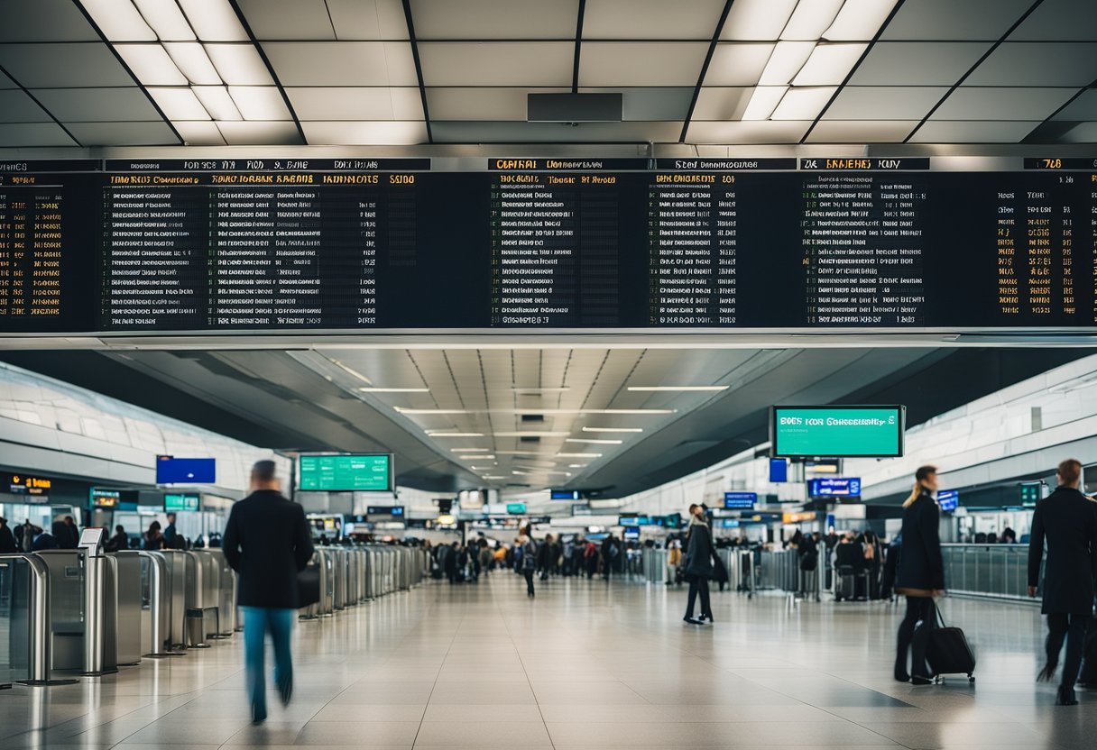 A crowded airport terminal with various airline logos and departure boards, indicating flights from the US to Berlin, Germany