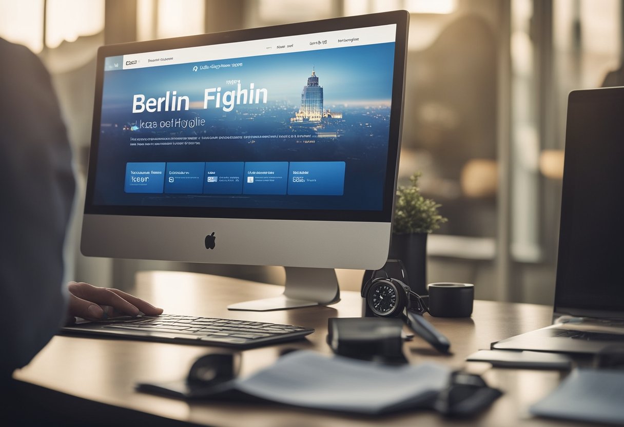 Passengers booking flights online to Berlin from the US. Airline logos and booking websites displayed on a computer screen