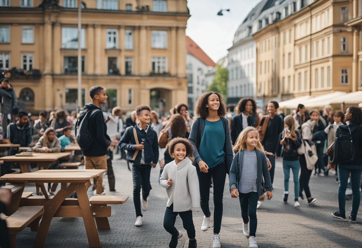 A bustling city square in Berlin, Germany, with a diverse group of children and adults engaged in learning and collaboration at the Free School