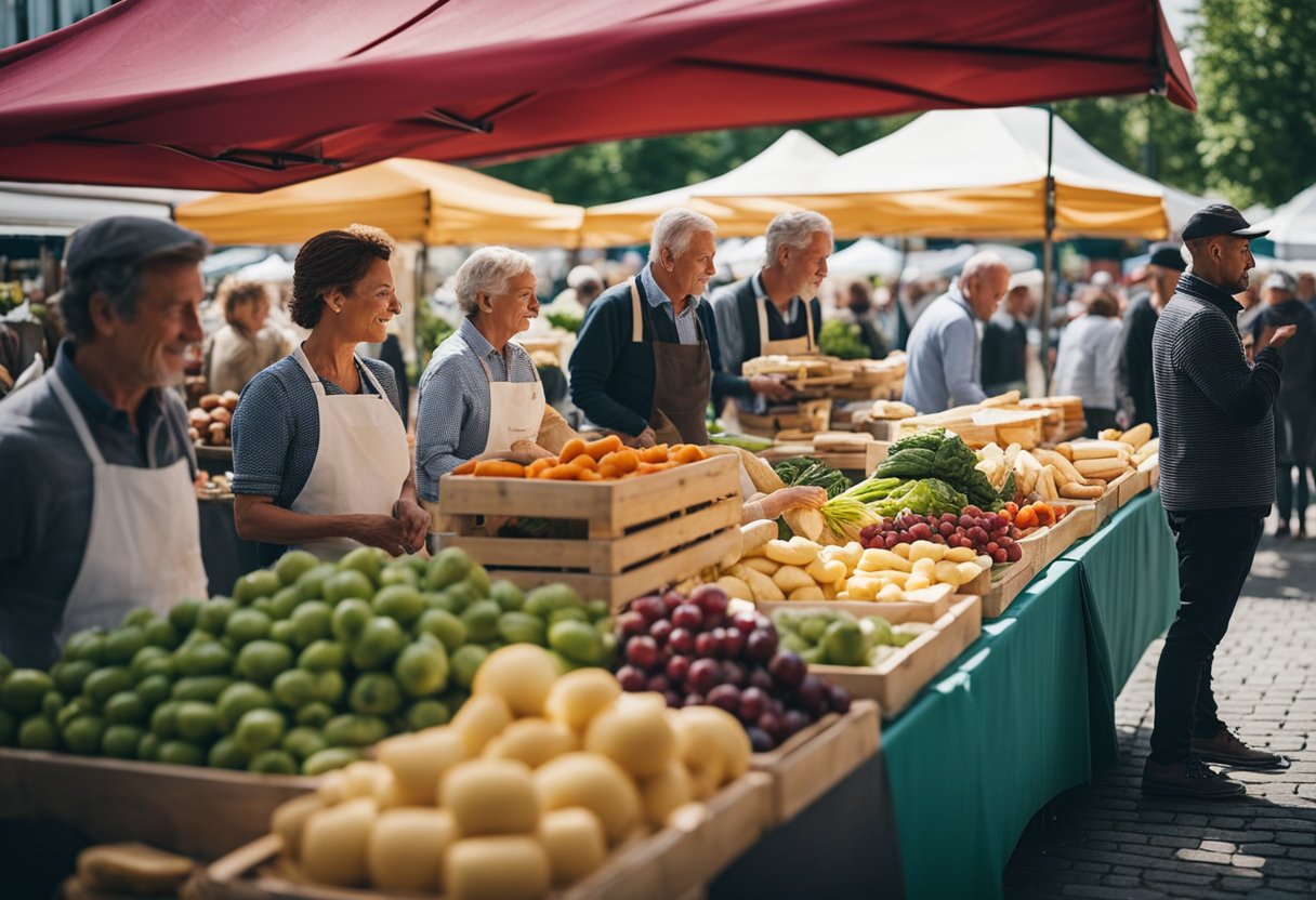 Local vendors display fresh produce under colorful canopies at the bustling farmers market in Berlin, Germany. Customers sample artisanal cheeses and chat with the friendly sellers