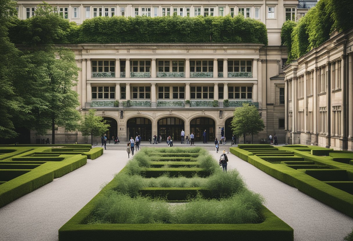 The free school of Berlin, Germany, stands tall with a grand facade, surrounded by lush greenery and bustling with students engaged in learning and exploration