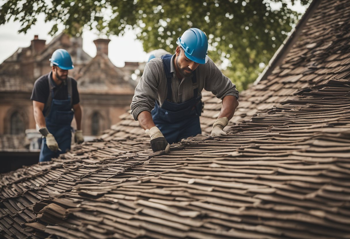 A team of workers carefully restore the aged roof of a historic building, using traditional materials and methods