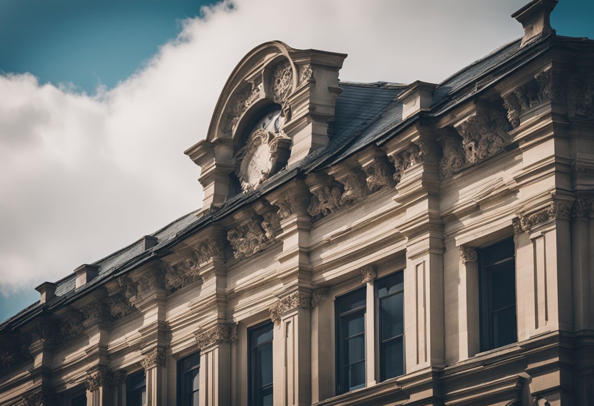 A historic building's roof undergoes restoration, preserving its heritage and history. The intricate details of the architecture stand out against the sky