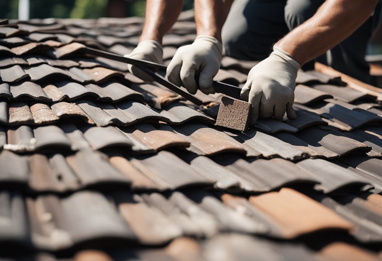 Workers carefully remove old roof tiles, revealing the weathered wooden structure beneath. A team of craftsmen meticulously repair and replace damaged sections, preserving the historic integrity of the building