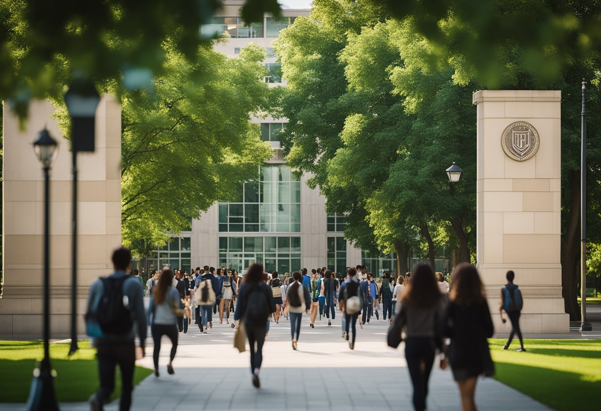 A bustling campus with modern buildings and green spaces, students walking to and from classes, and the iconic university emblem displayed prominently