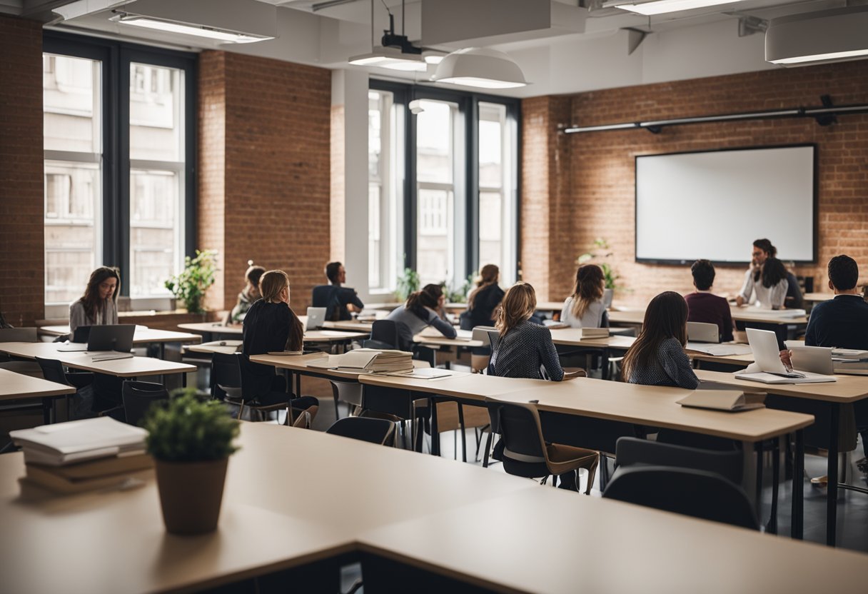 A bustling classroom in Berlin, Germany, with students engaged in free academic programs. The room is filled with books, whiteboards, and lively discussions