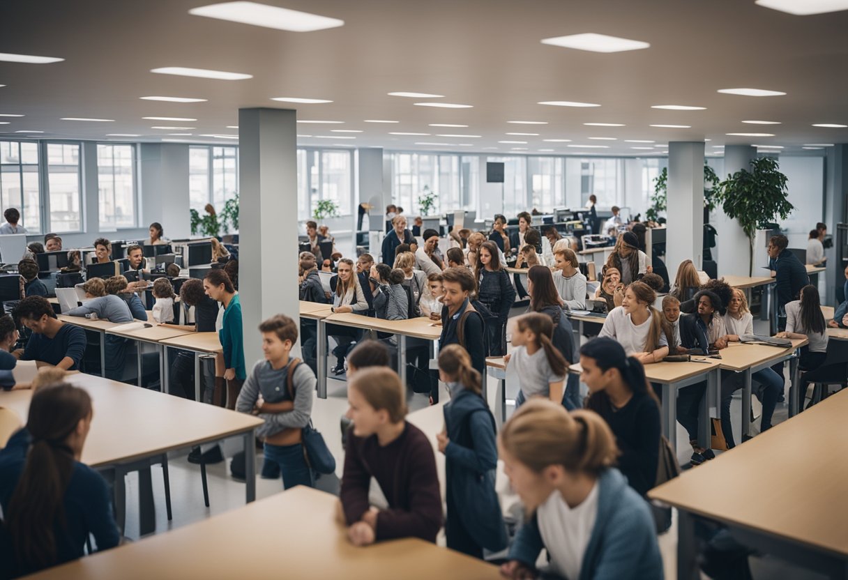 A bustling school office with students and parents lining up for admissions and enrollment in Berlin, Germany