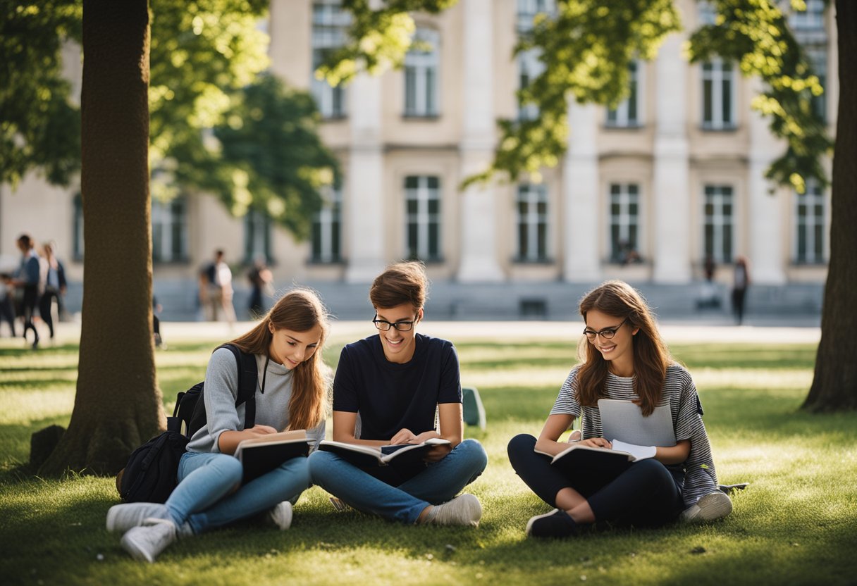 Students studying outdoors at the Free School of Berlin, Germany, with a backdrop of historic buildings and greenery