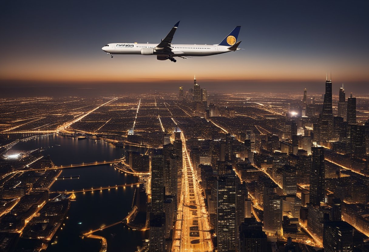 A plane flies over the Chicago skyline towards Berlin, Germany. The city lights below and the plane's wings are visible against the night sky