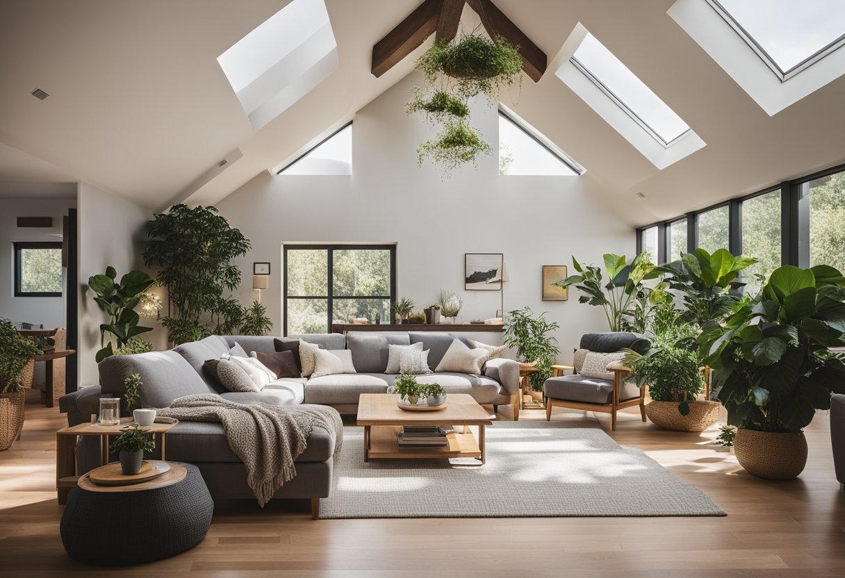 A cozy living room with a vaulted ceiling and a large skylight, allowing natural light to flood the space. Comfortable furniture and plants create a warm and inviting atmosphere