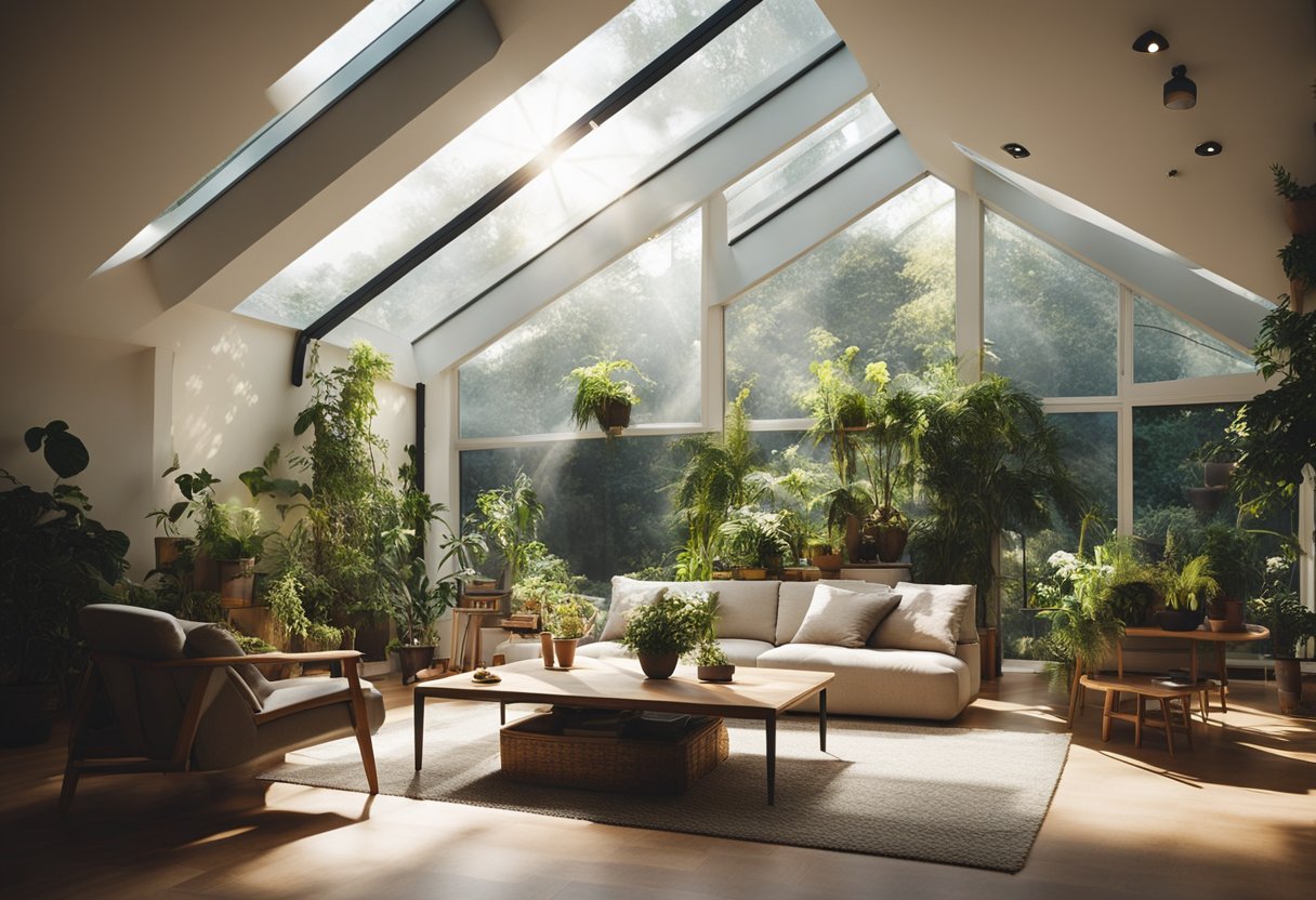 Sunlight streams through a skylight, illuminating a cozy living room. A figure adjusts the glass panels, ensuring optimal natural light. A lush indoor garden flourishes beneath the skylight, creating a serene and inviting atmosphere