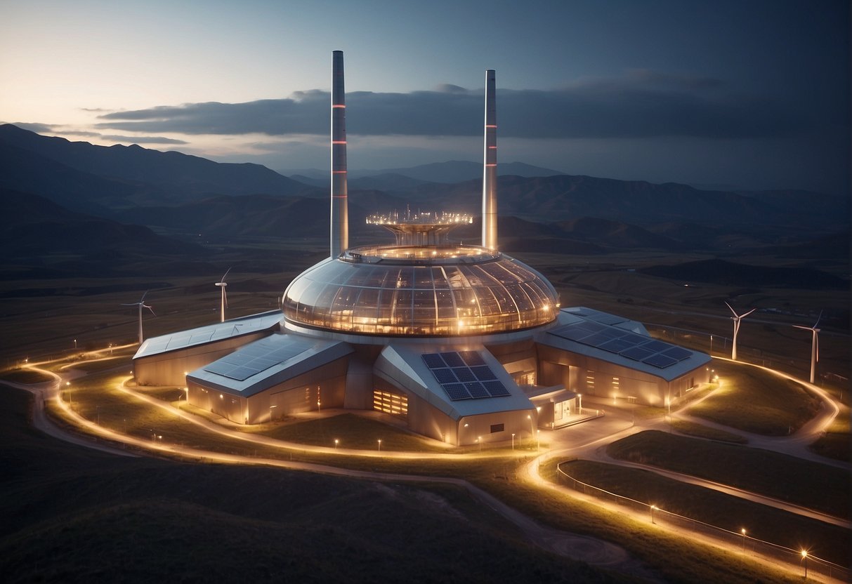 A glowing reactor emits powerful energy, surrounded by futuristic spacecraft. Solar panels and wind turbines dot the landscape, showcasing a harmonious blend of nuclear fusion and renewable energy