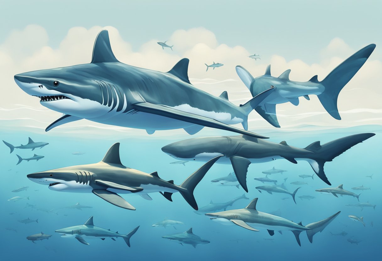 A variety of sharks swim gracefully in the clear blue ocean, their sleek bodies cutting through the water with ease