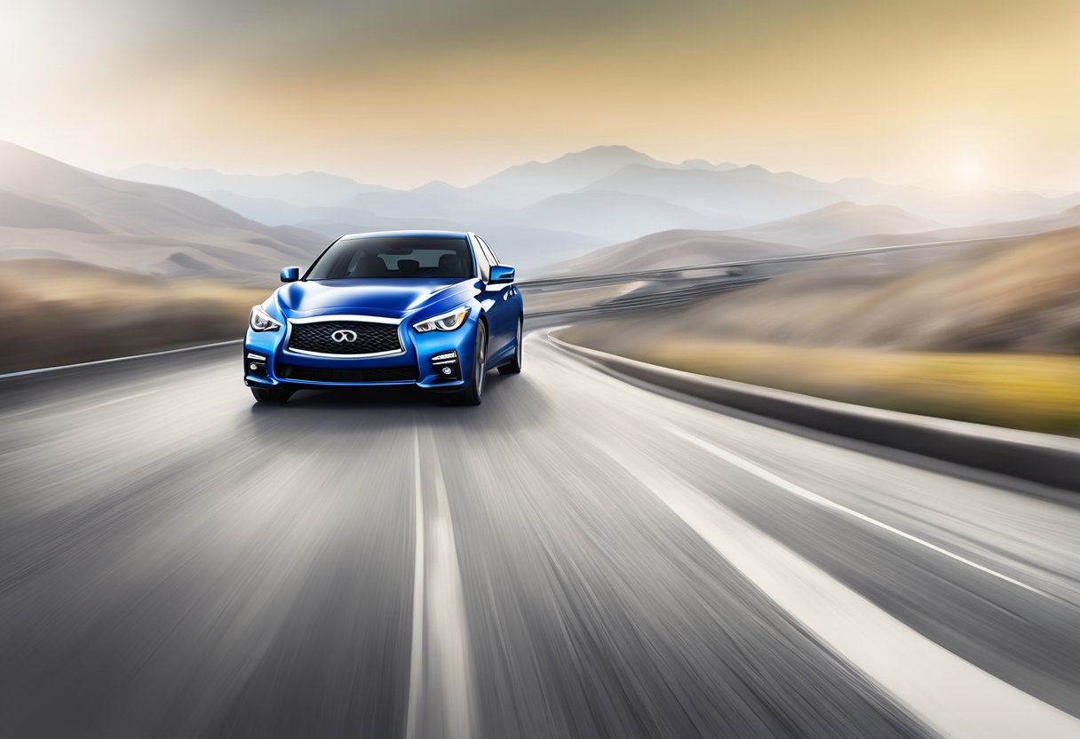 The Infiniti Q50 races down an open highway, leaving a blur of motion in its wake