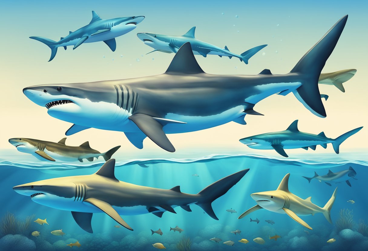 Various types of sharks swim in clear blue waters, showcasing their unique physical attributes such as sleek bodies, sharp teeth, and powerful tails