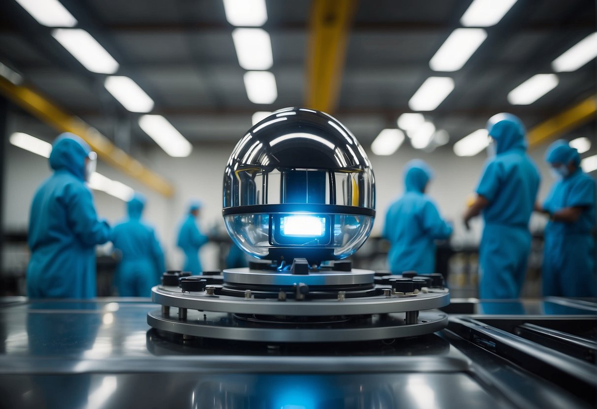 A spacecraft being constructed with aerogel and other lightweight materials in a high-tech manufacturing facility