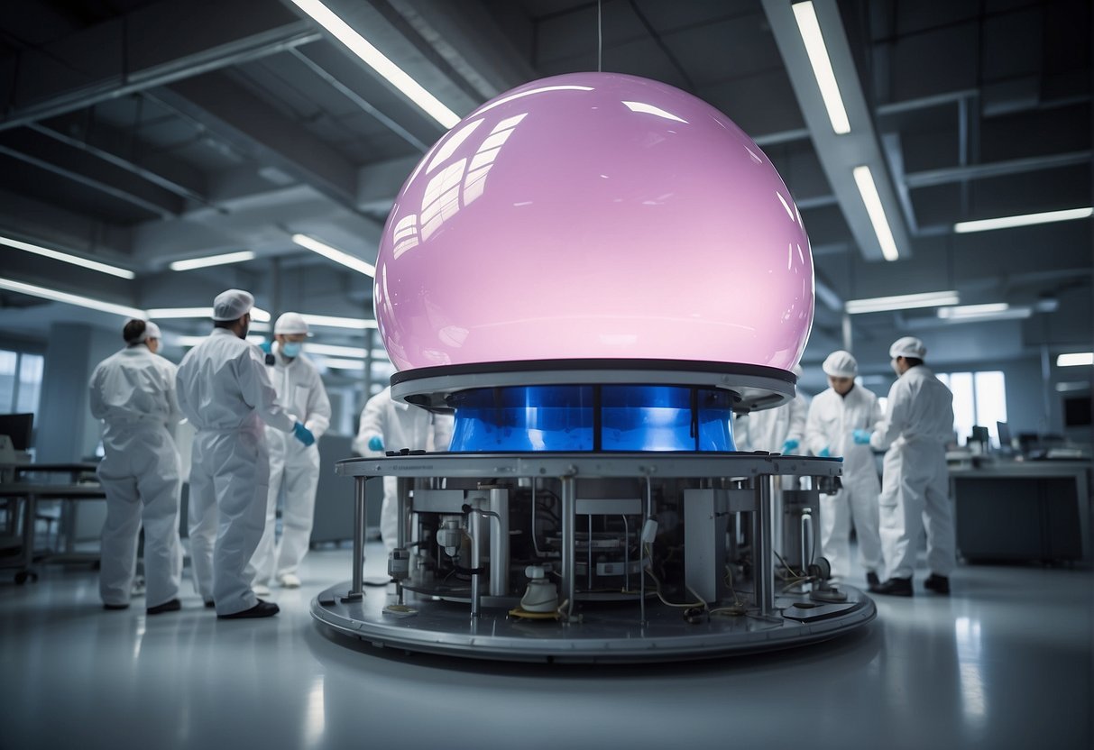 Aerogel and lightweight materials integrated into spacecraft design, with engineers assembling components in a clean and modern laboratory setting