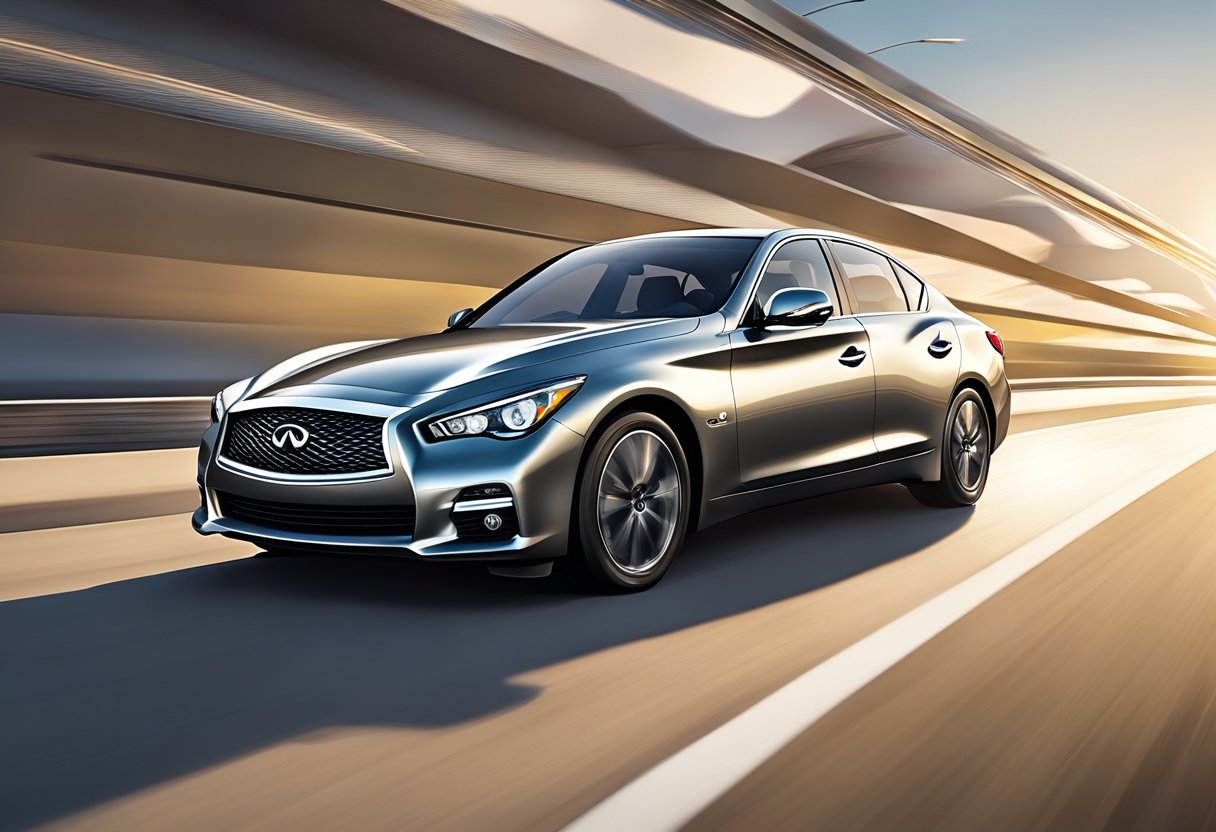 The Infiniti Q50 races down the open highway, its sleek body cutting through the air as it reaches top speeds.

The sun sets behind the car, casting a warm glow over the scene