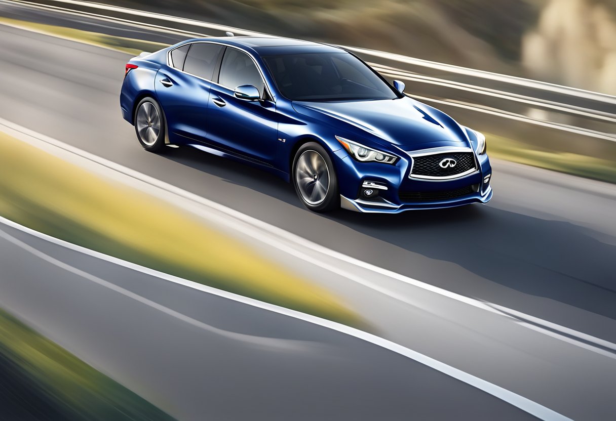 The Infiniti Q50 zooms down an open highway, its sleek body cutting through the air as it unleashes its full speed potential